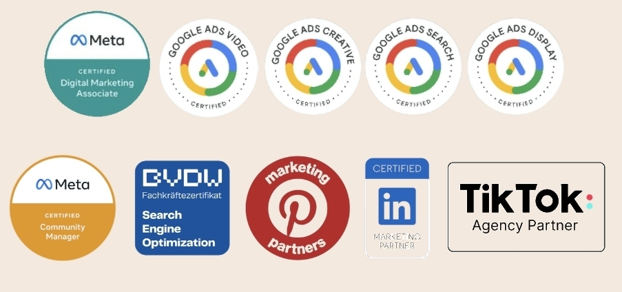 Zertifizierungen: Meta, Google Ads, SEO, Pinterest, LinkedIn, TikTok